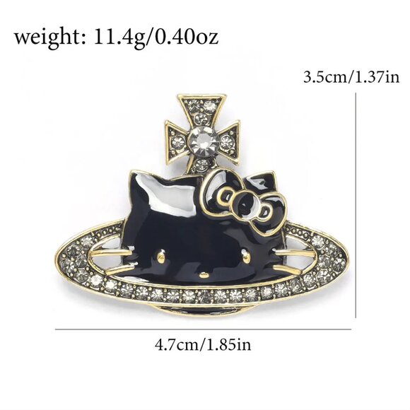 Hello Kitty Pin Brooch Black Enamel & Antique Gold w/ cz's - Picture 3 of 3